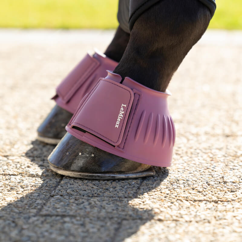 LeMieux Rubber Bell Boots Mallow with Velcro for overreach protection on white background.