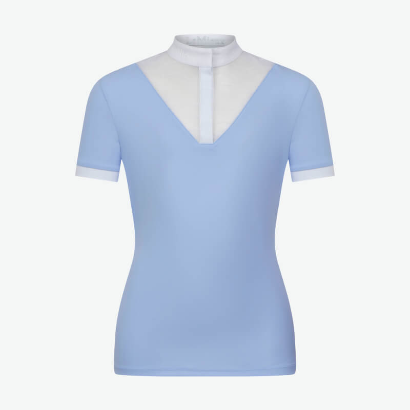 Woman in a LeMieux Young Rider Eva Show Shirt Mist with white collar and mesh front detail.