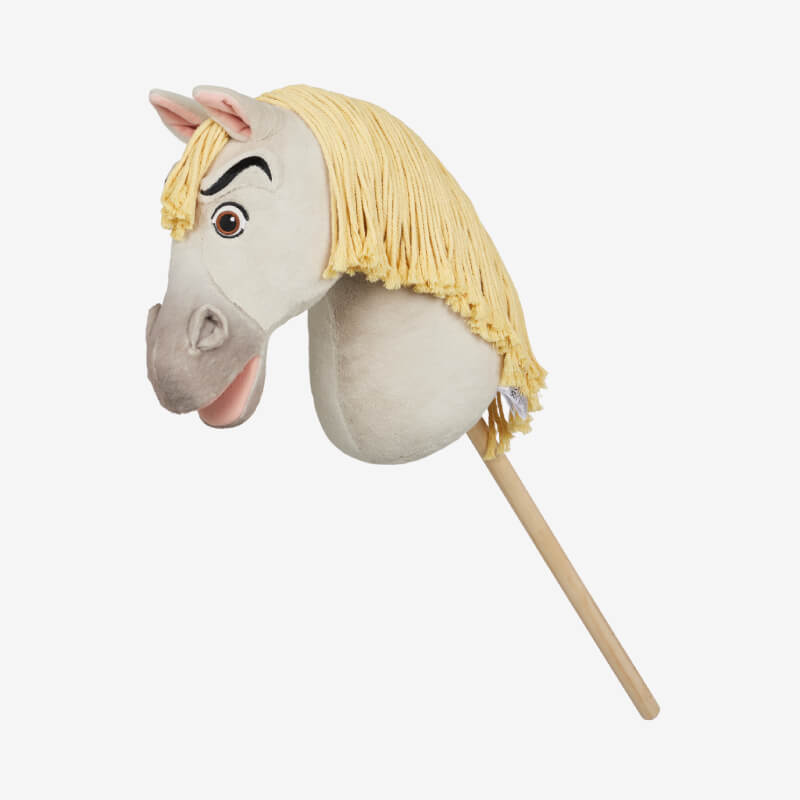 LeMieux Disney Hobby Horse Maximus with yellow mane, purple bridle, Rapunzel logo on pink.