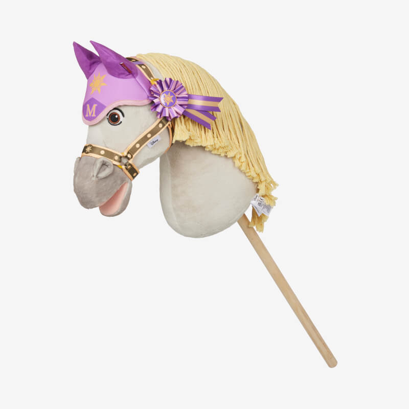 LeMieux Disney Hobby Horse Maximus with yellow mane, purple hat, and a purple bridle ribbon.
