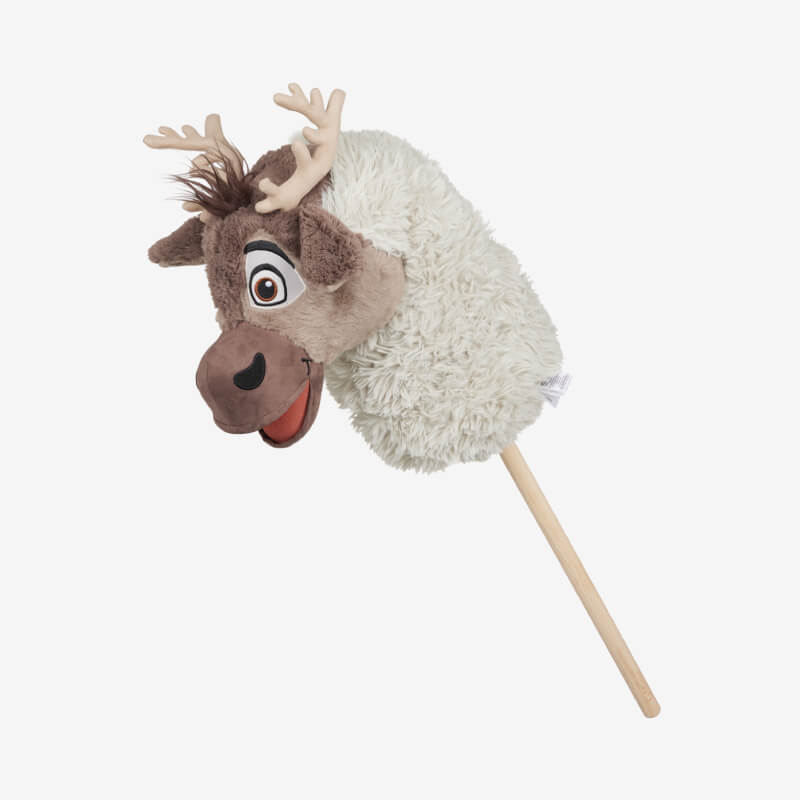 LeMieux Disney Hobby Horse Sven with carrot, Frozen logo, sparkly blue background.