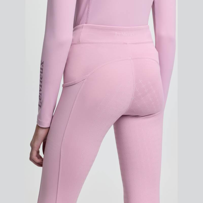 LeMieux Young Rider Orla Pull On Breech Fondant, full seat, back & side view, light pink.