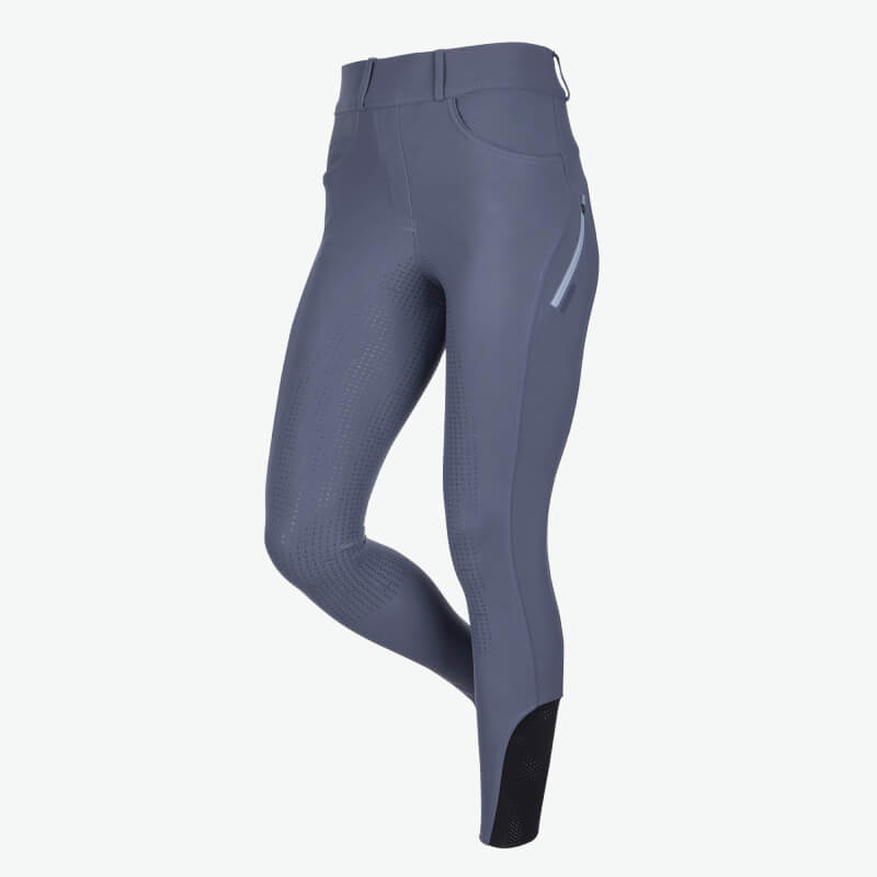LeMieux Amy Bregging Shadow: gray breech-leggings, silicone seat, pocket, black ankle patches.