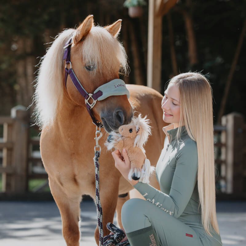 LeMieux Harlow Tiny Beanie Pony Cloudy plush horse with tan fur and fluffy mane.