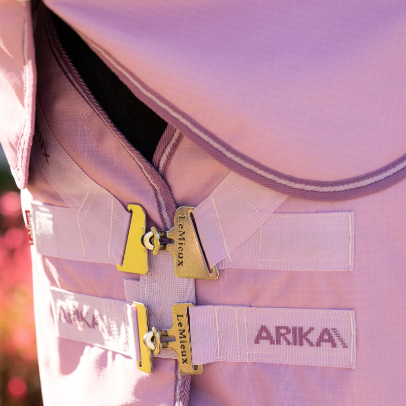 Close-up of LeMieux Arika Ripstop 50g Turnout Rug Fondant with gold buckles and durable fabric.
