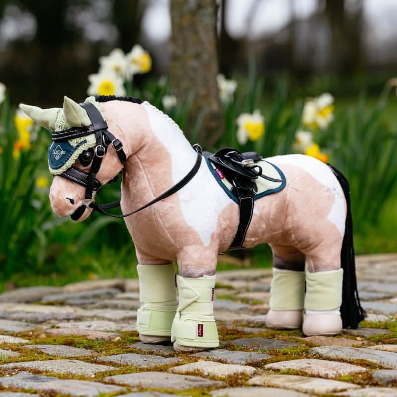 LeMieux Toy Pony Over Reach Boots Macaron in light green with velcro straps on white.