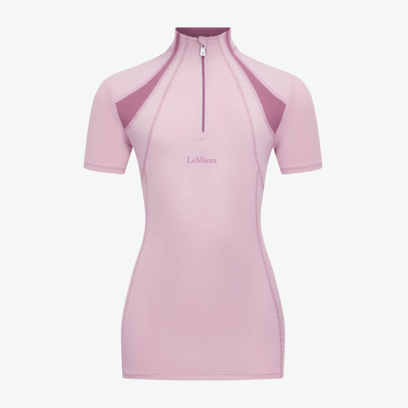 LeMieux Young Rider Mia Mesh Baselayer Fondant, short-sleeve half-zip with chest text.