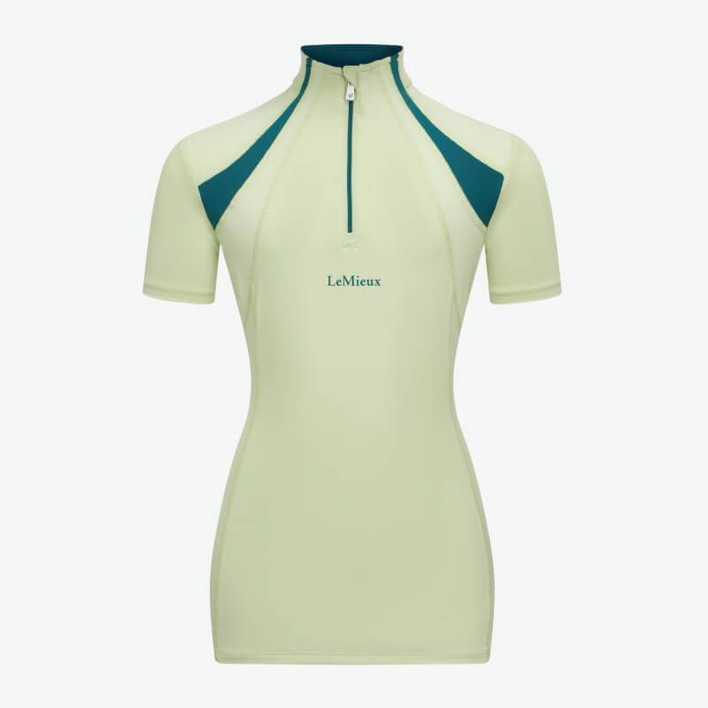 LeMieux Mia Mesh Baselayer Macaron: light yellow, green accents, zip front, short sleeves.