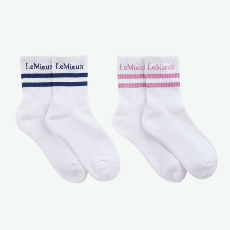 LeMieux Crew Sock Shadow/Fondant 2pk: white socks with blue or pink stripes, LeMieux branding.