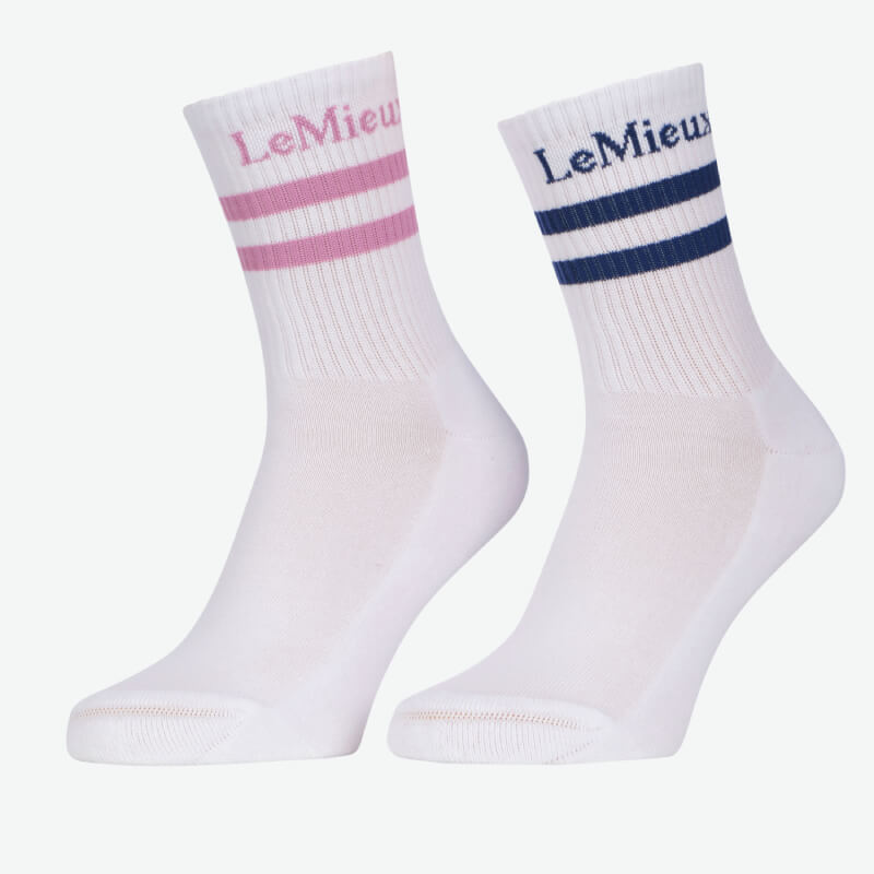 LeMieux Crew Sock Shadow/Fondant 2pk, stylish riding socks in pink and navy blue.
