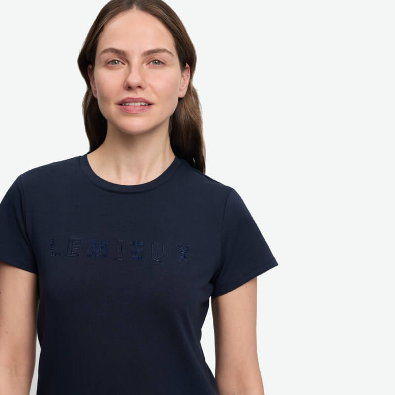 LeMieux Brilliance T-Shirt Navy: equestrian style, chest logo, moisture-wicking fabric.