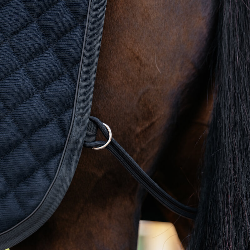 Close-up of LeMieux Arika Clima-Tek Rug Navy on a brown horse, with girth strap partly visible.