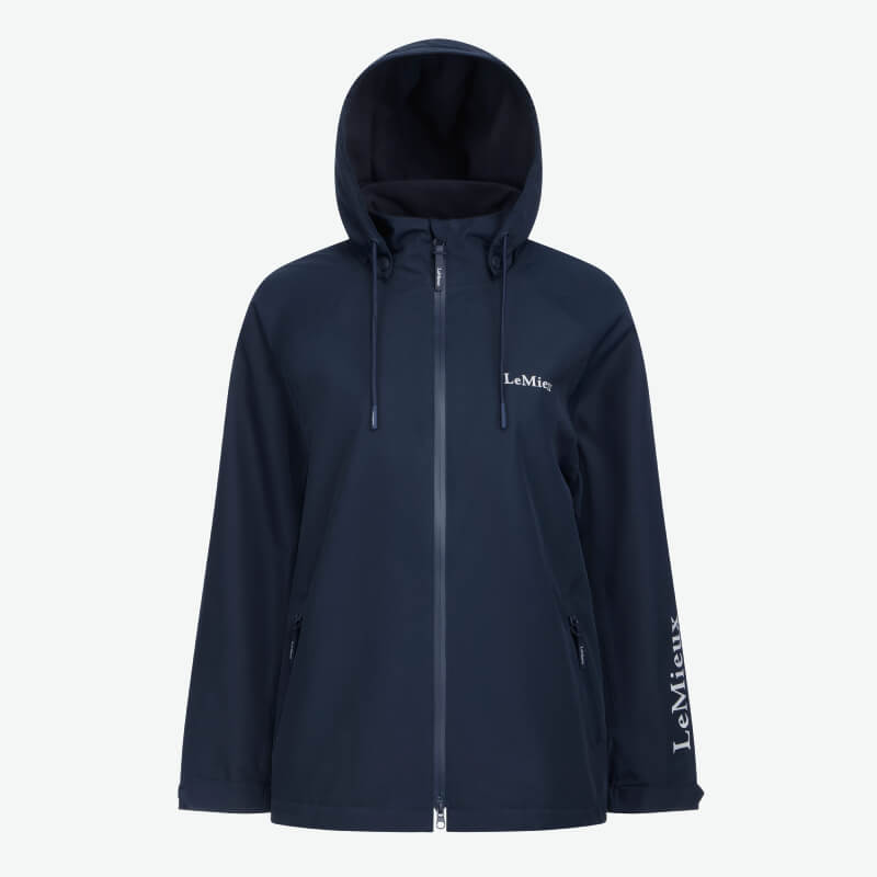 LeMieux Indra Waterproof Jacket Navy with hood, zip front, chest & sleeve logos.
