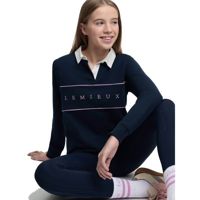 LeMieux Young Rider Riley Rugby Shirt in navy with white collar and logo across chest.