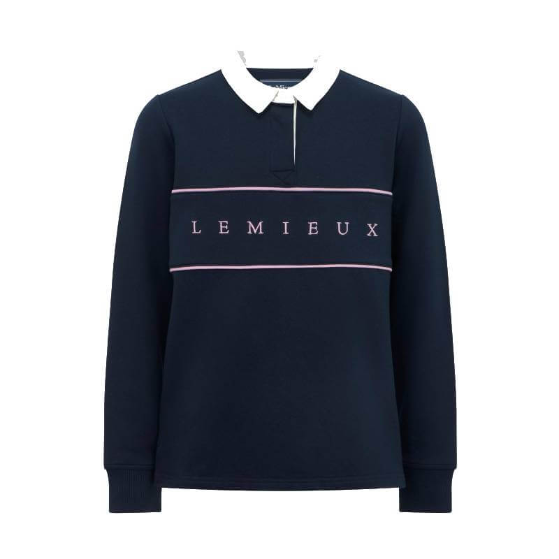 LeMieux Young Rider Riley Rugby Shirt in navy with white collar and logo across chest.
