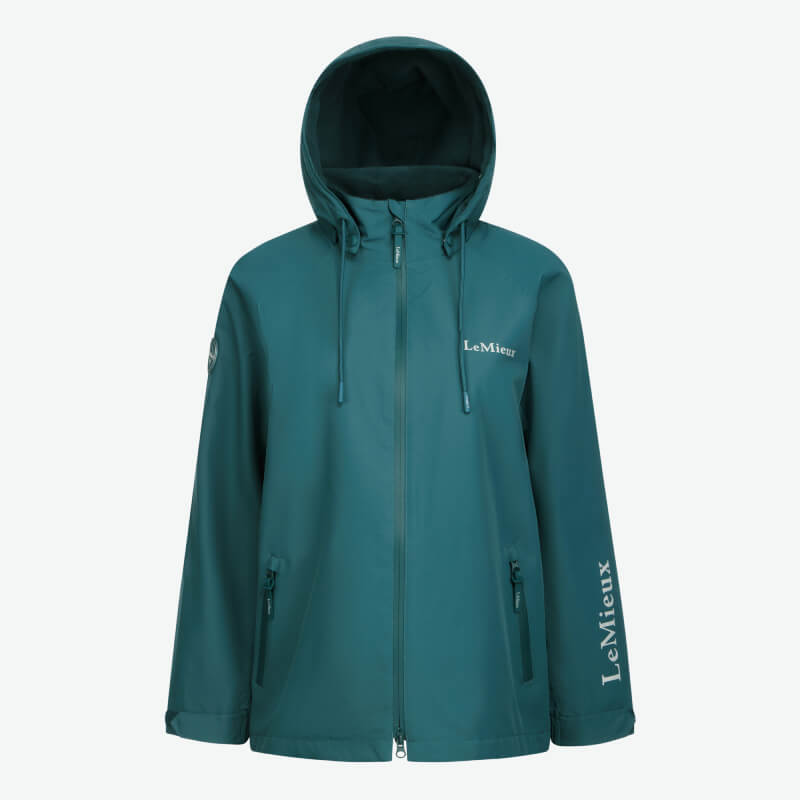 LeMieux Indra Waterproof Jacket Jungle with zip pockets, chest branding, and sleeve logo.