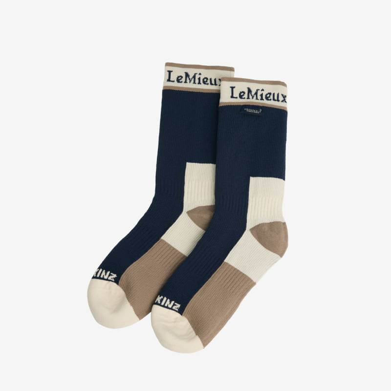 LeMieux x Sealskinz navy waterproof socks with logo and color-block design.