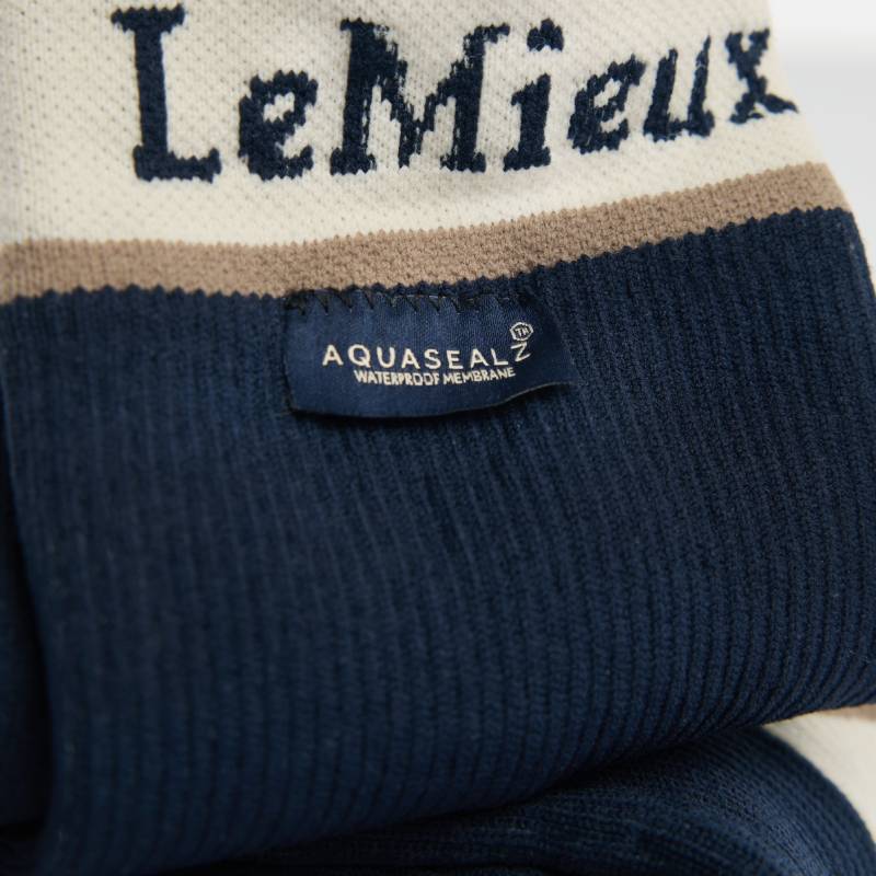 Close-up of LeMieux x Sealskinz Waterproof Socks Navy with LeMieux text and Aquasealz label.