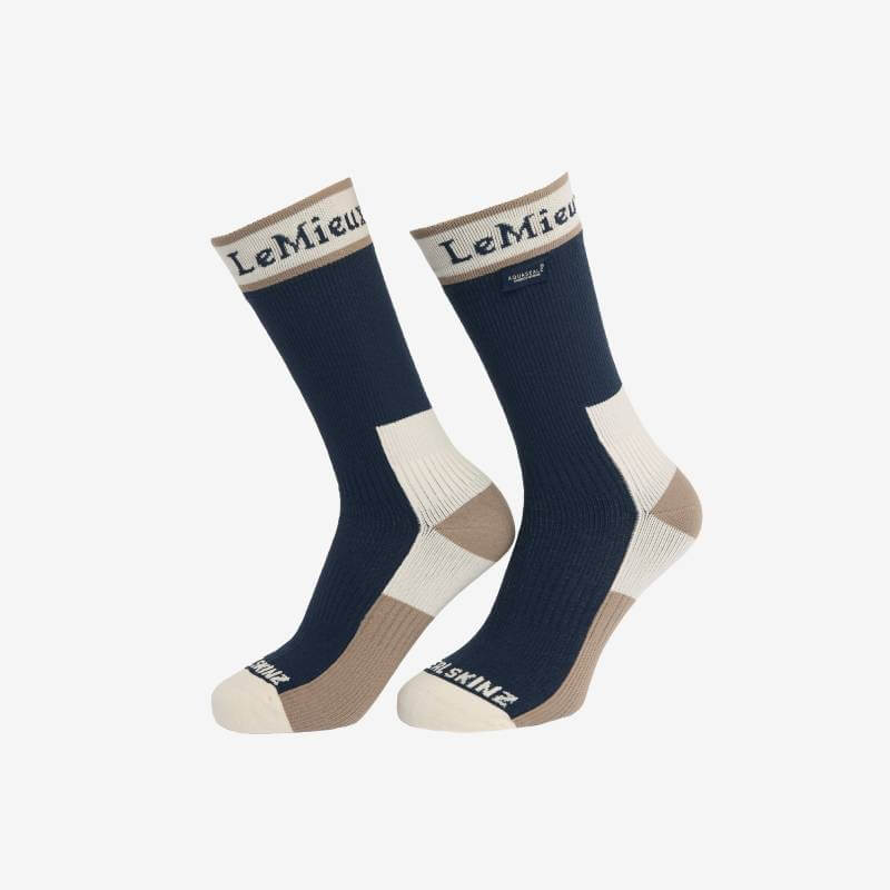 LeMieux x Sealskinz navy waterproof socks with logo and color-block design.