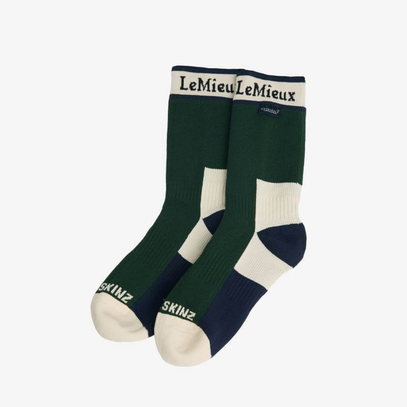 LeMieux x Sealskinz green waterproof socks with logo and contrast toe and heel.