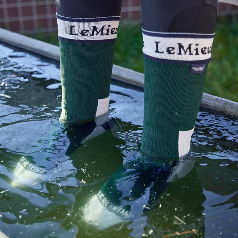 Wearing LeMieux x Sealskinz Waterproof Socks Green, standing in a tray of icy water.