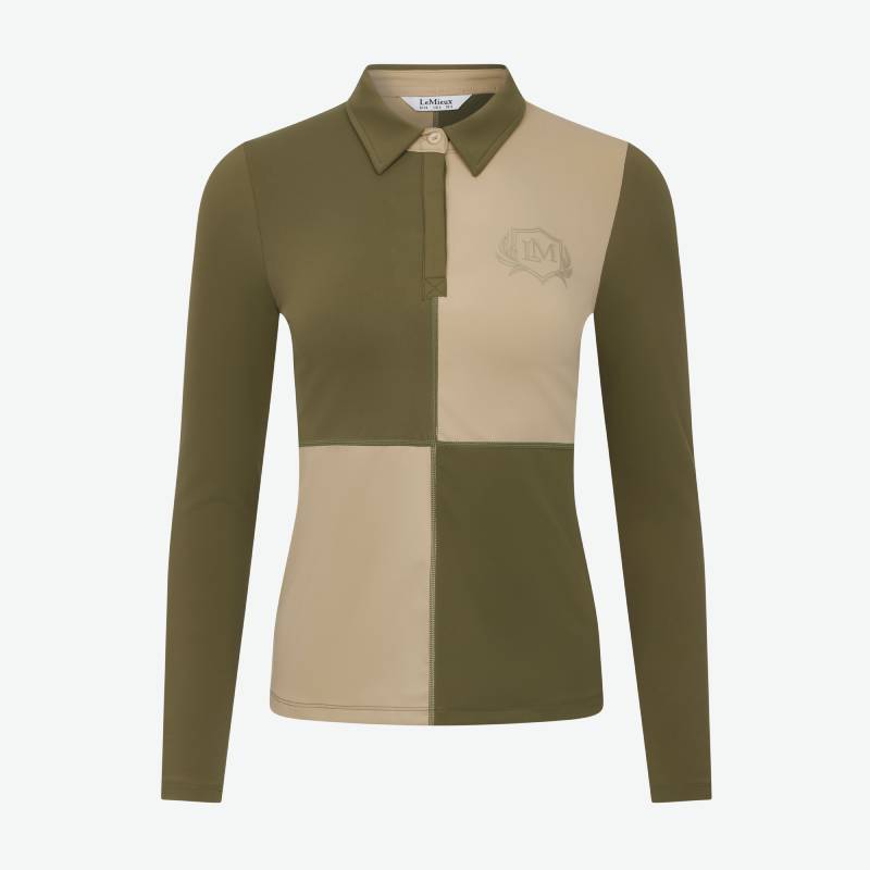 LeMieux Harlequin Rugby Shirt Baselayer in Willow/Pear with logo and partial buttons.