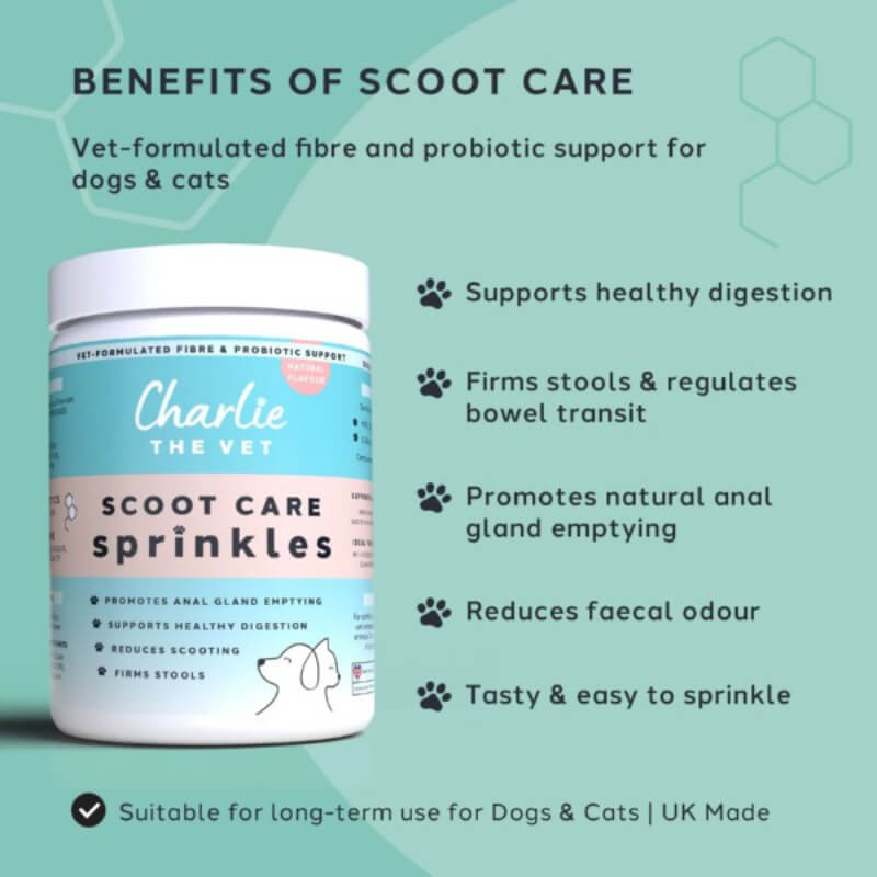 Charlie The Vet Scoot Care Sprinkles 500g with probiotic formula for healthy stools.