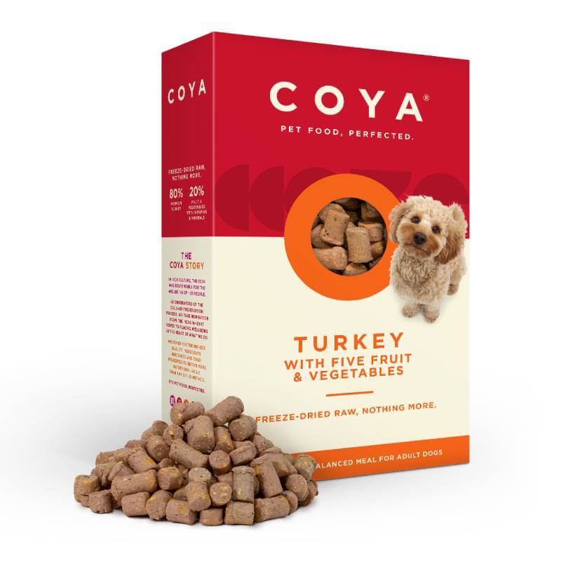 Coya Adult Dog Food Turkey box with kibble pieces and a small dog on the packaging.