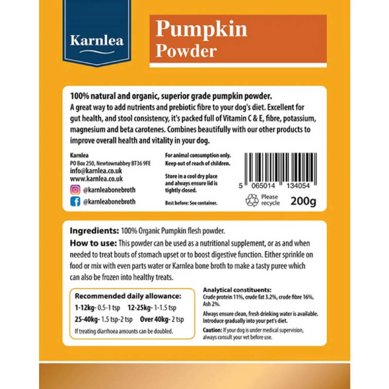 Karnlea Pumpkin Powder for Dogs 200g—natural prebiotic fibre supplement with usage instructions.