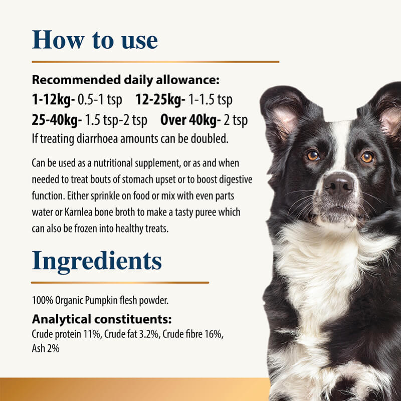 Karnlea Pumpkin Powder for Dogs 200g: instructions and ingredients for this natural supplement.