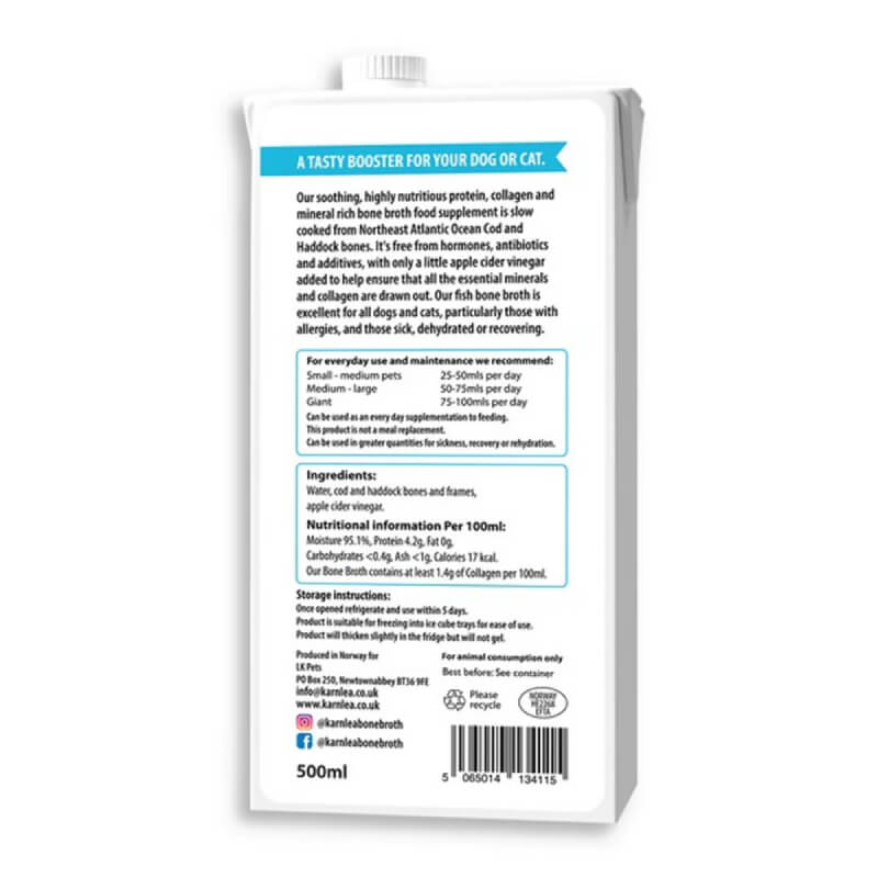 Karnlea Fish Bone Broth for Dogs & Cats 500ml, white carton, blue label, nutritional info shown.