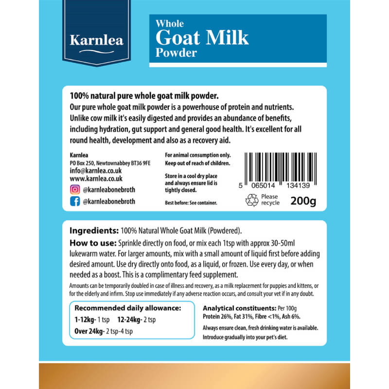 Karnlea Goat Milk Powder for Dogs & Cats 200g front label with usage and nutrition info.