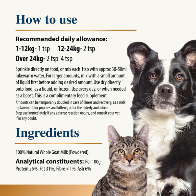Karnlea Goat Milk Powder 200g for dogs & cats; see supplement dosage instructions.