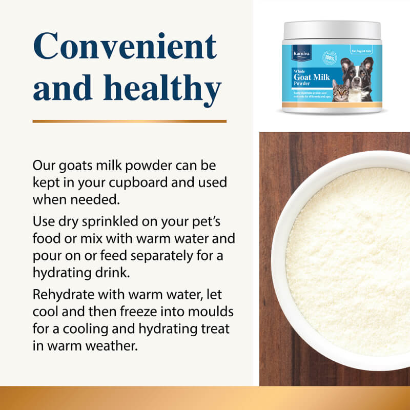 Karnlea Goat Milk Powder for Dogs & Cats 200g with container and usage guide included.