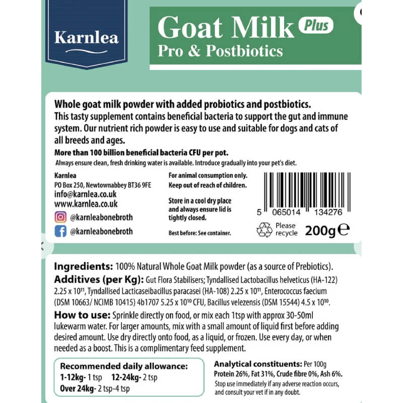 A 200g container of Karnlea Goat Milk Plus for Dogs & Cats, featuring a dog and cat on the label.