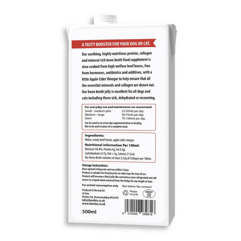 Karnlea Beef Bone Broth for Dogs & Cats 500ml: white carton with details, ingredients, instructions.