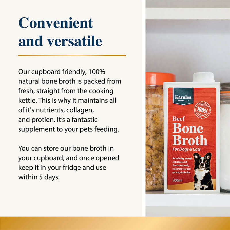 Karnlea Beef Bone Broth for Dogs & Cats 500ml carton on shelf, natural bone broth.