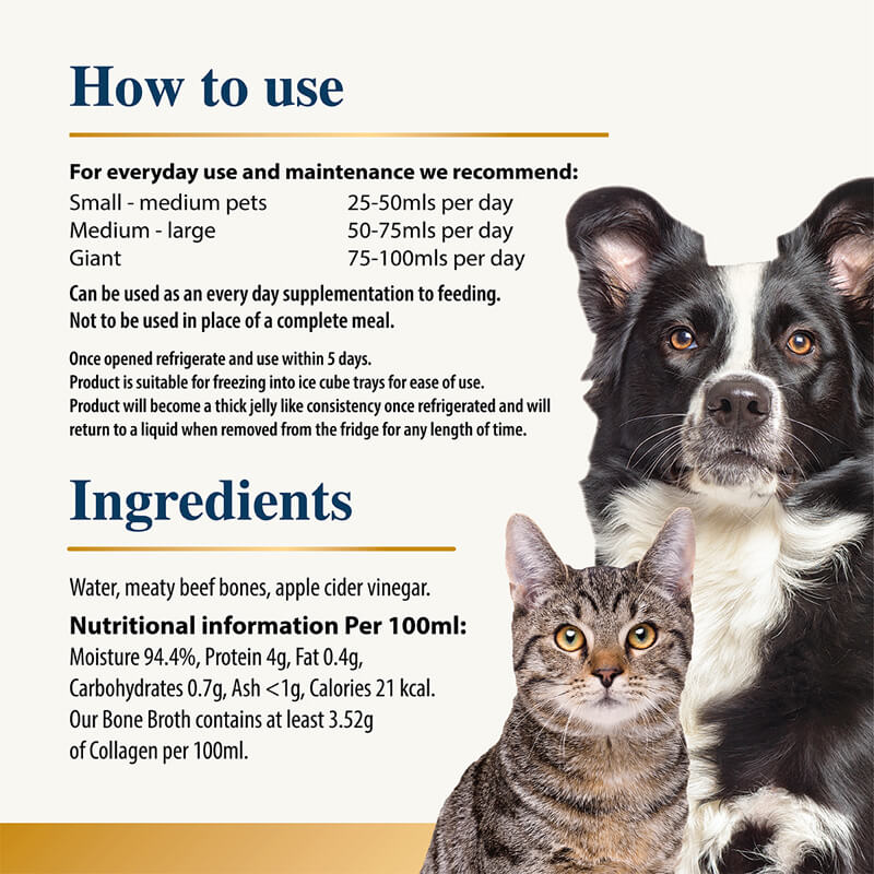 A dog and cat sit beside Karnlea Beef Bone Broth for Dogs & Cats 500ml and its nutrition info.