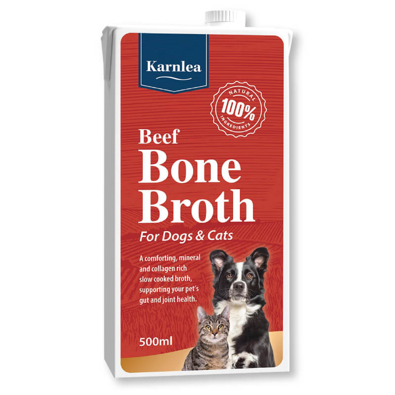 Karnlea Beef Bone Broth for Dogs & Cats, 500ml, in red carton with dog and cat illustration.