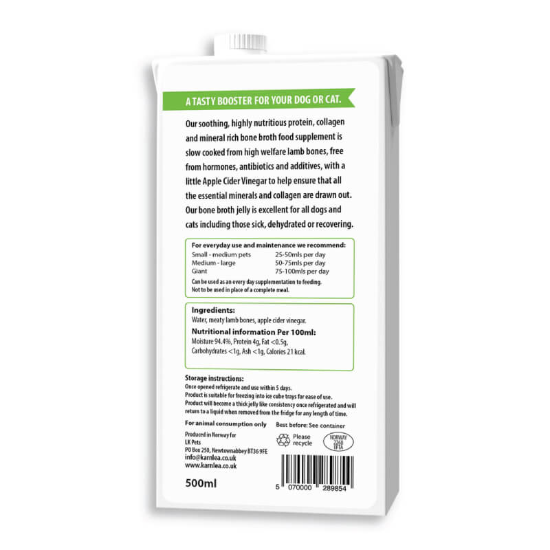 Back of Karnlea Lamb Bone Broth for Dogs & Cats 500ml carton with product details.