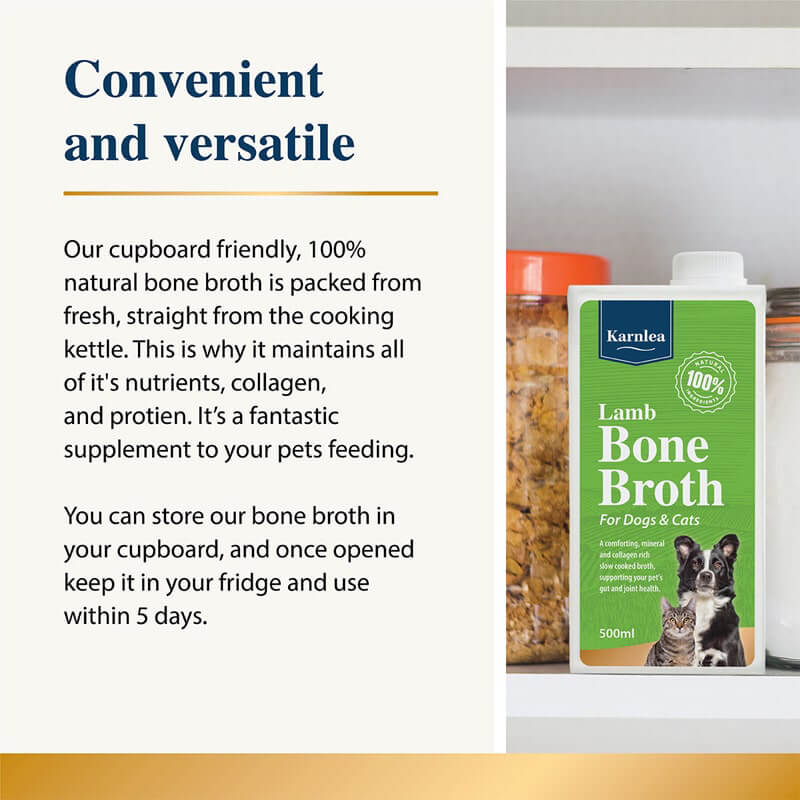 A carton of Karnlea Lamb Bone Broth for Dogs & Cats 500ml sits on a pantry shelf.