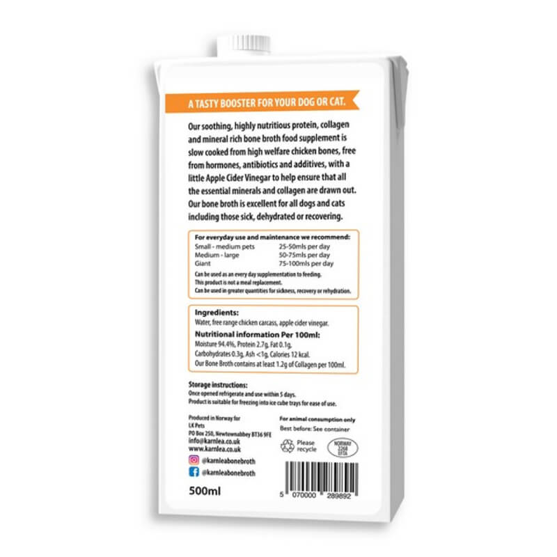 Back of a 500ml Toplife Karnlea Chicken Bone Broth for Dogs & Cats, with ingredients and feeding info.