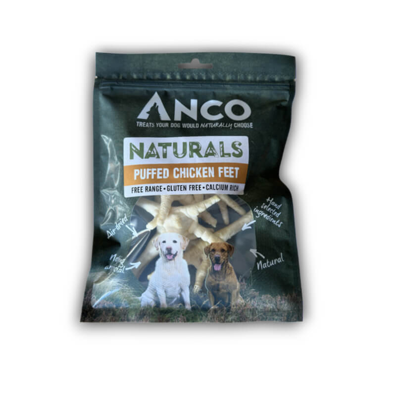 Anco Naturals Puffed Chicken Feet 80g dog treats with two dogs on the front.