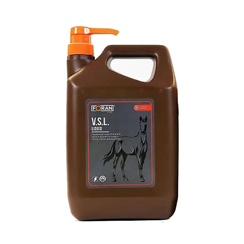 Brown bottle of Foran Equine V.S.L. Liquid with orange cap and horse illustration.