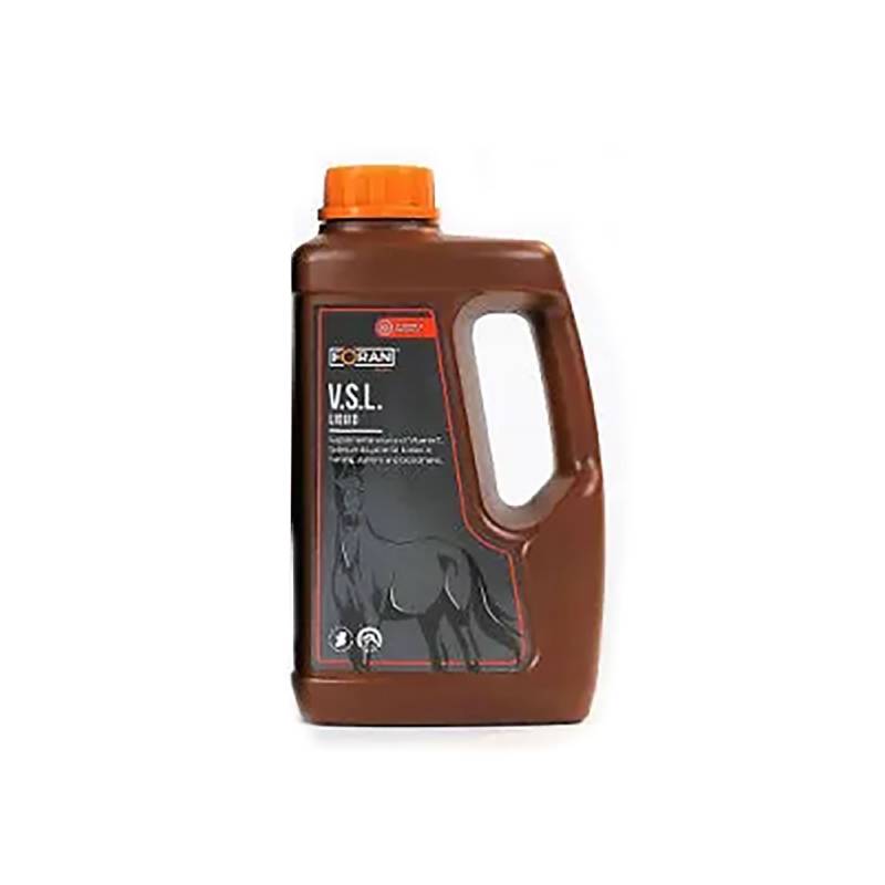 Brown bottle of Foran Equine V.S.L. Liquid with orange cap and horse illustration.