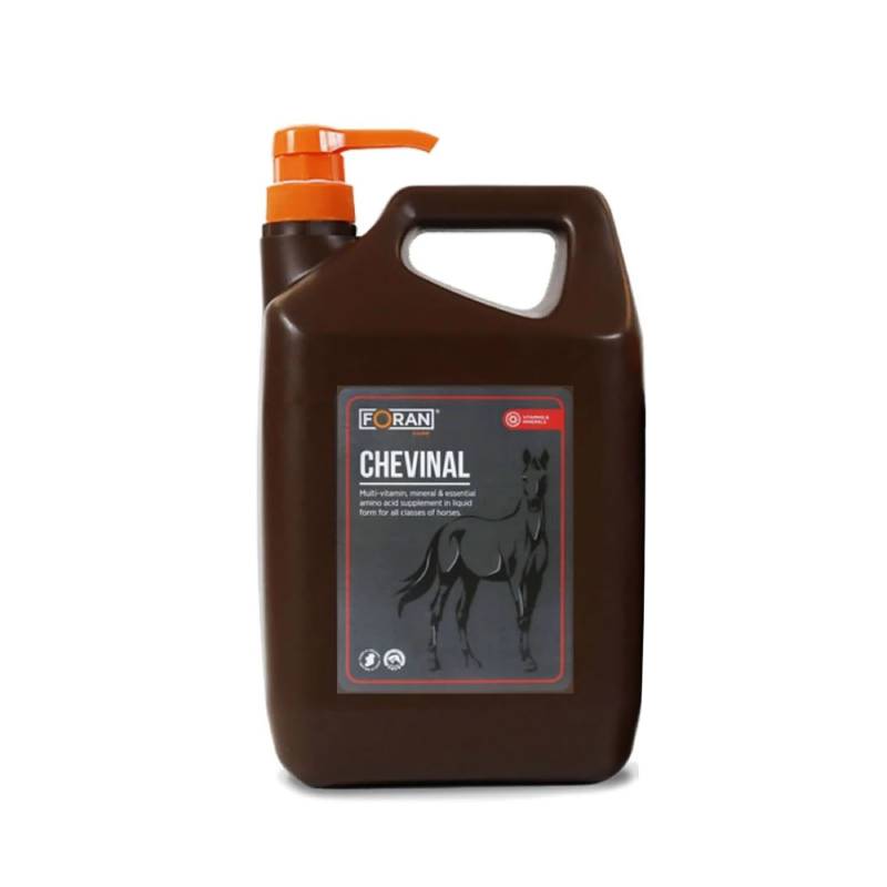 Foran Equine Chevinal brown bottle with orange cap for horse daily nutrition.