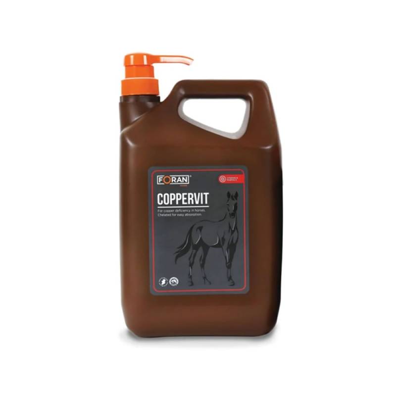 Foran Equine Coppervit: brown bottle, orange cap, chelated minerals for skeletal development.