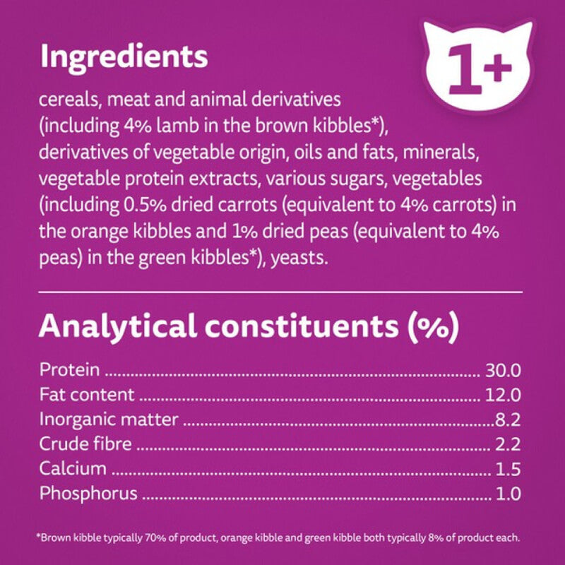 Whiskas 1+ Cat Complete Dry with Lamb 1.9kg label—ingredients & nutrition for adult cats.