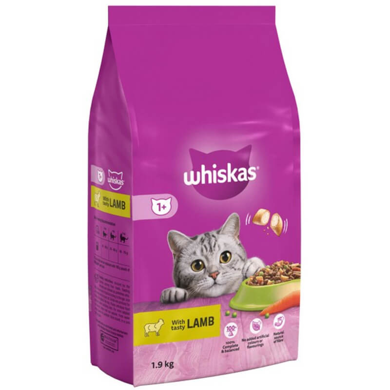 Whiskas 1+ Cat Complete Dry with Lamb 1.9kg, pink bag featuring a gray cat and food bowl.