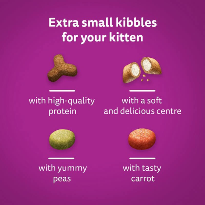 Whiskas 2-12mths Kitten Dry with Chicken: small kibbles, protein, soft centre, peas & carrot.